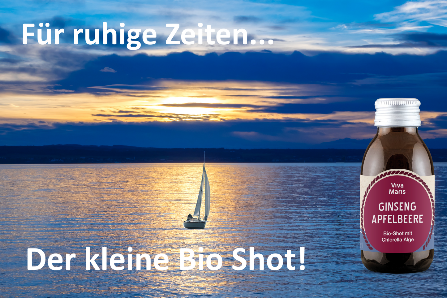 Viva Maris Bio Shot Ginseng/Apfelbeere in der Flasche vor der Abendstimmung am Meer