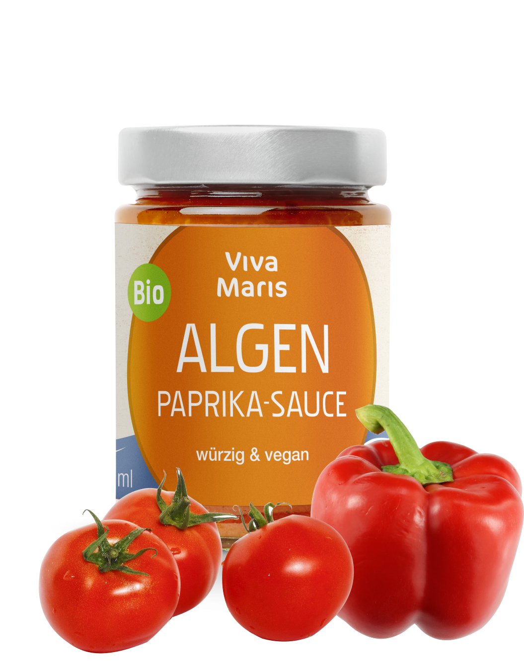 Viva Maris Bio Algen Paprika Sauce im Glas hinter Tomaten und Paprika