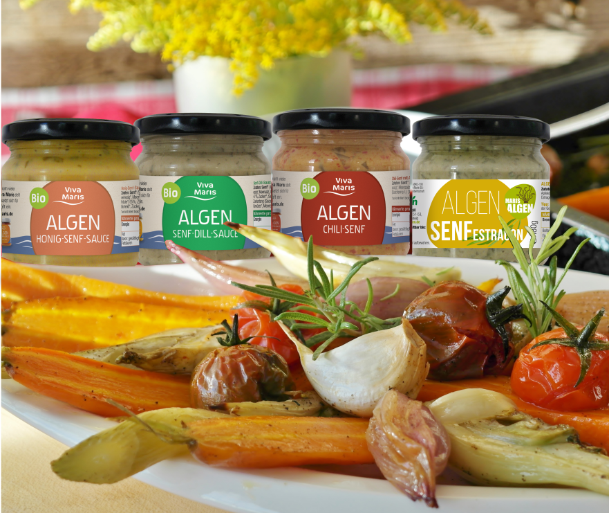 Bio Algen Grill Saucen und Senfe 4 für 3 Set - hinter Grillgemüse