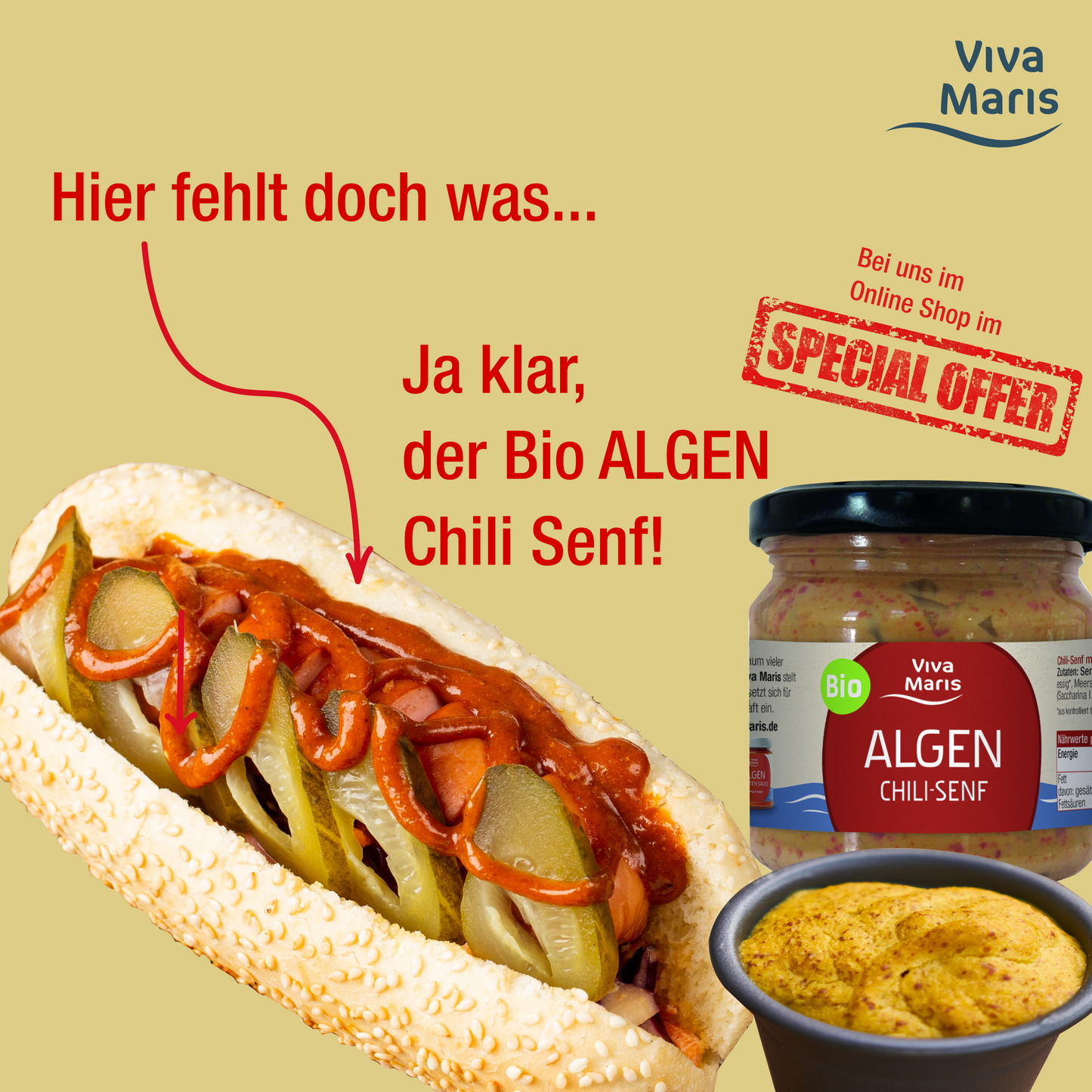 Bio Algen Chili Senf im Glas neben einem Hot Dog