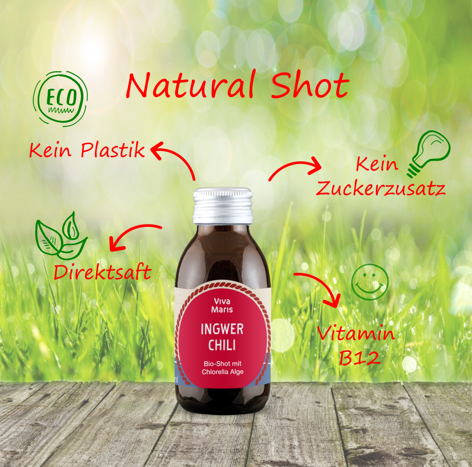 🌱SUPER SCHARFES ANGEBOT👉 - Viva Maris Bio Shot Ingwer/Granatapfel, mit Vitamin B12, 12x 100ml - 🌟Spare 16%🌟 - Viva Maris Onlineshop
