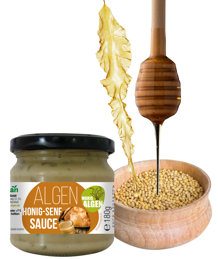 Viva Maris ALGEN Bio Honig-Senf Sauce - Amerikanische Art im Glas neben einer Schüssel mit Senfsaaten, Honig und der Zuckertang Alge