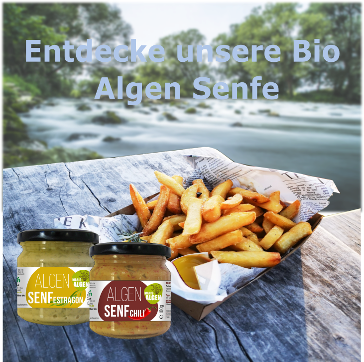 Viva Maris ALGEN Bio Senf Estragon und Senf Chili auf einem tisch neben einer Schale Pommes und dem Text "Entdecke unsere Bio Senfe"