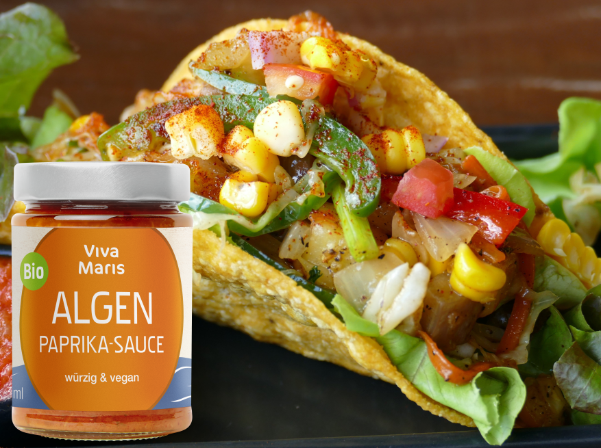 Viva Maris Bio ALGEN Paprika-Sauce im Glas vor einem gefülltem Taco