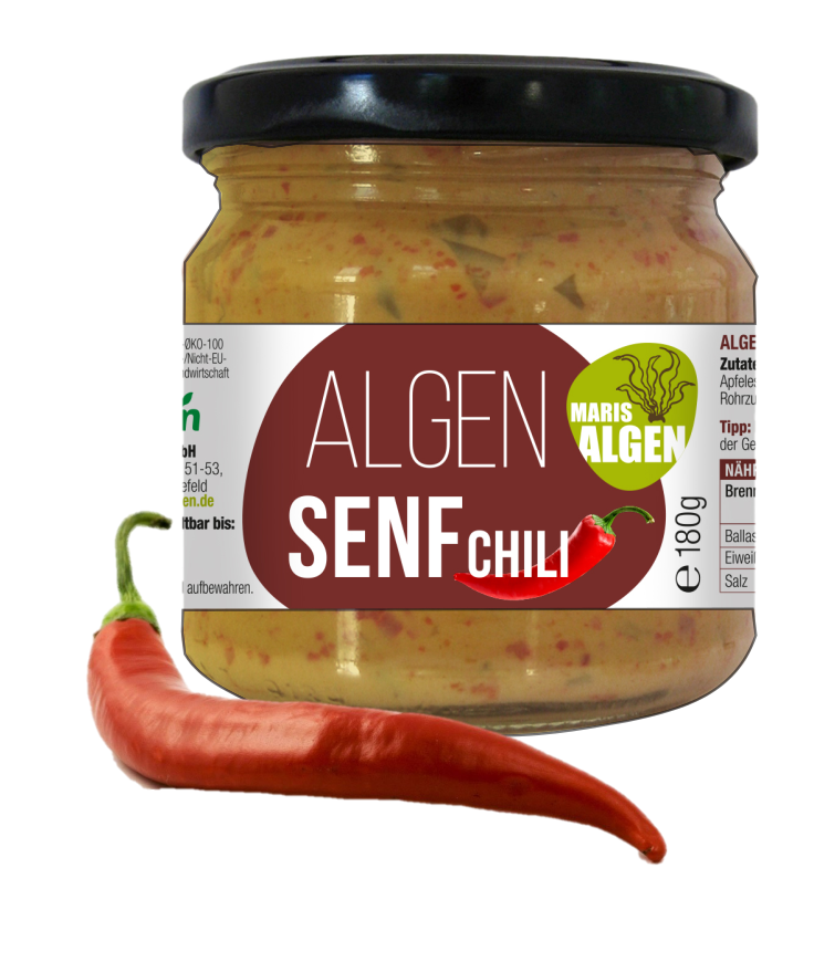 Viva Maris ALGEN Bio Senf Chili im Glas mit einer roten Chili Schote davor