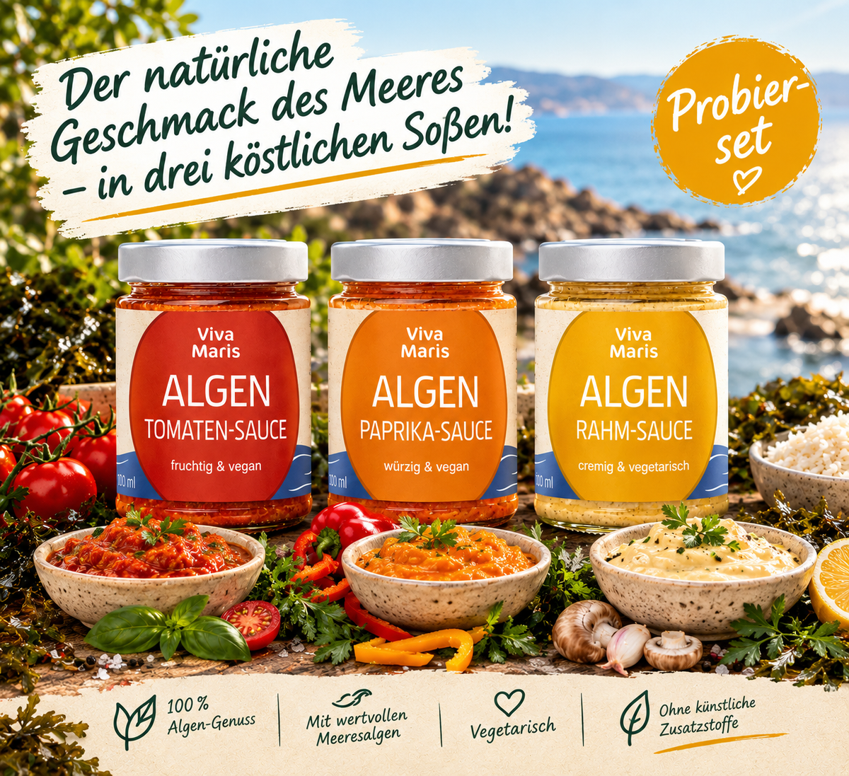 Probier-Set NATURAL Algen Saucen 1x Paprika, 1x Tomate, 1x Rahm á 300ml - Spare 33% - Viva Maris Onlineshop
