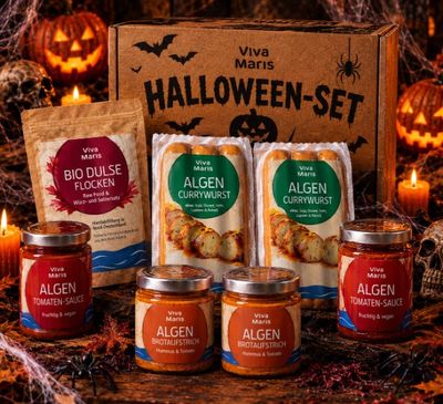 🎃 Halloween Set 🎃 - Viva Maris vegane Currywurst mit Algen, 2x240g & Natural Tomaten-Sauce & Paprika Sauce mit Algen, je 2x300ml & Dulse Flocken 100g - SPARE 20%