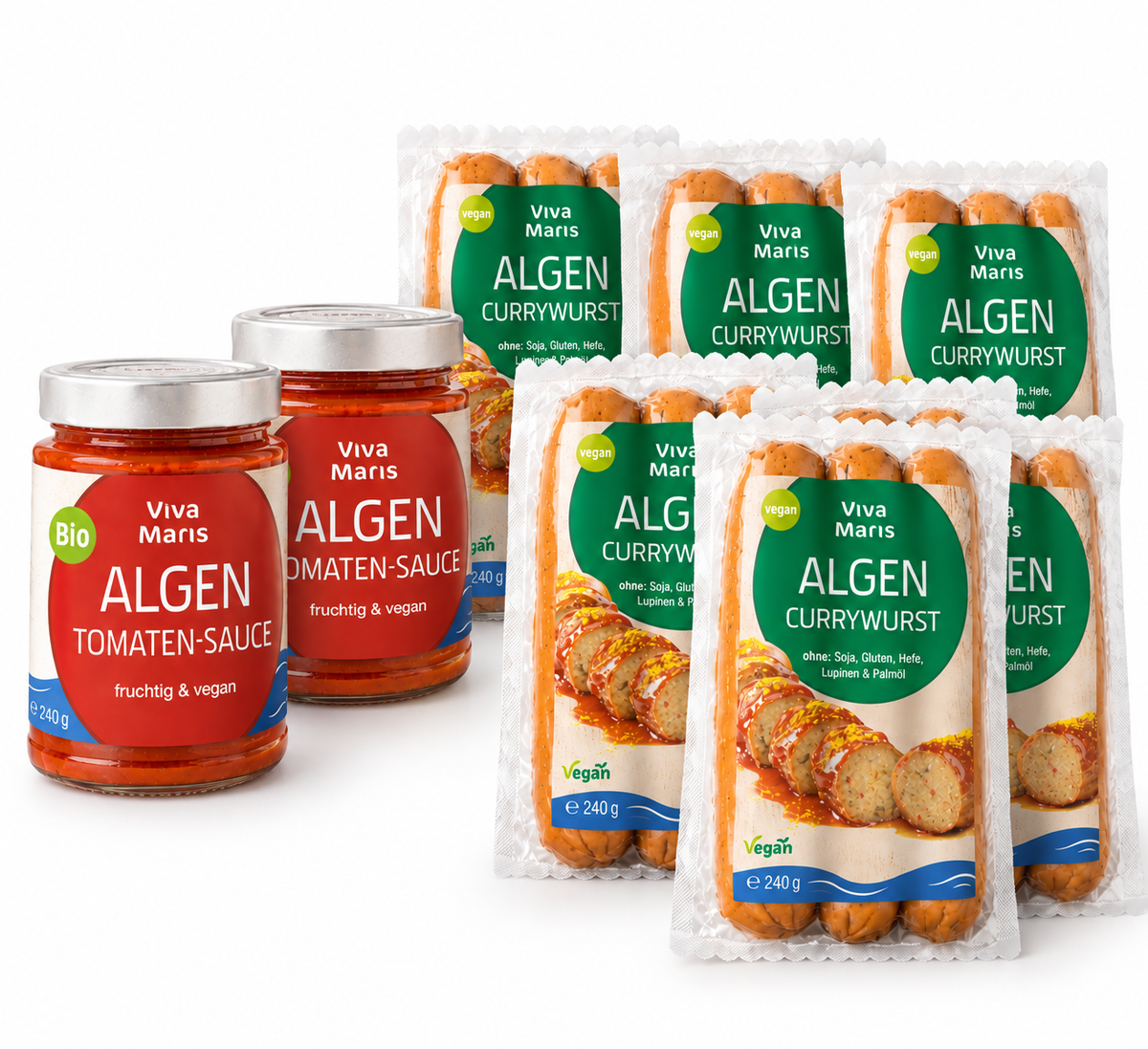Pommes Buden Set - Viva Maris ALGEN Currywurst, 6x240g & Natural ALGEN Tomaten-Sauce, 2x300ml - SPARE 15% - Viva Maris Onlineshop