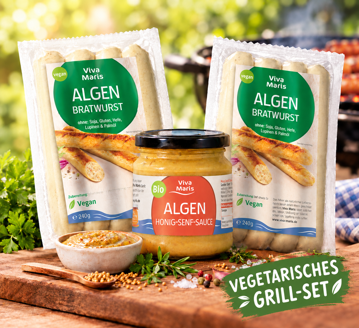 💚 GRILL Set Angebot!! 💚 Viva Maris ALGEN Bratwurst, 2x240g + ALGEN Honig-Senf Sauce, 1x180g-  Spare 13%