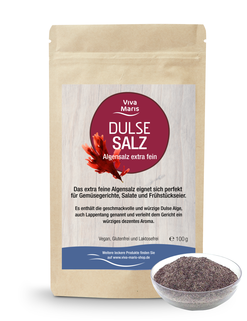 DULSE Salz - Algensalz extra fein - im Beutel davor eine kleine Schüssel mit Algensalz