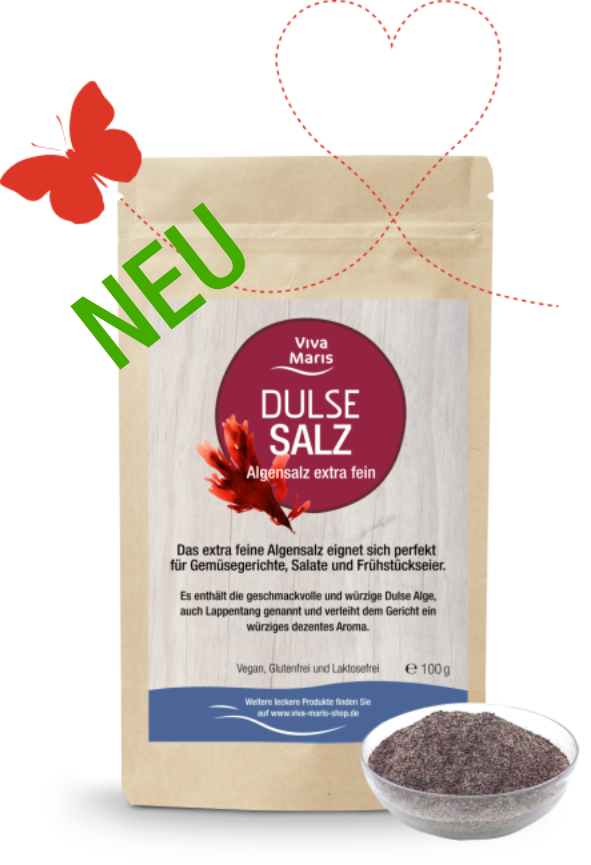 DULSE Salz - Algensalz extra fein - im Beutel davor eine kleine Schüssel mit Algensalz