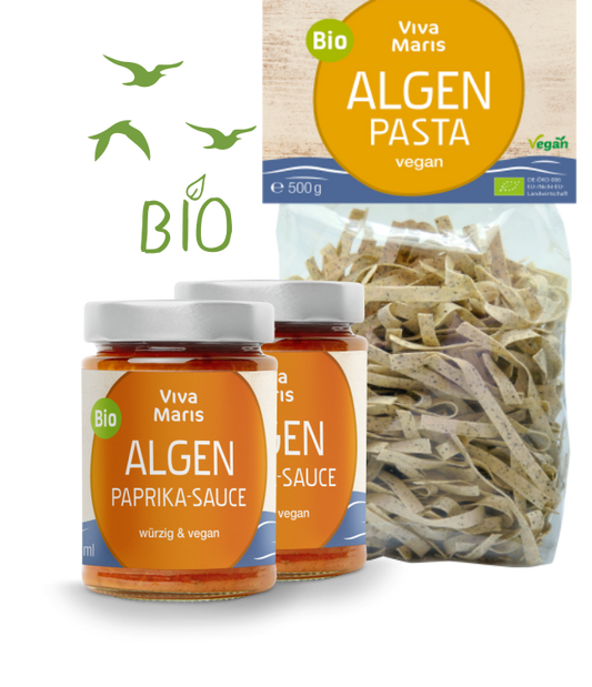 Vorteils-Set 2x die pikante Bio Algen Paprika Sauce á 300ml + 1x Bio Algen Pasta 500g - Spare 16%