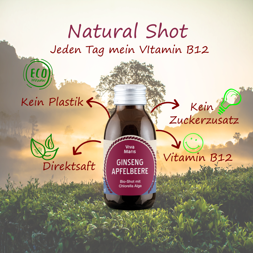 🌱👉 Viva Maris Bio Shot Ginseng/Apfelbeere, mit Vitamin B12, 12x100ml - Viva Maris Onlineshop