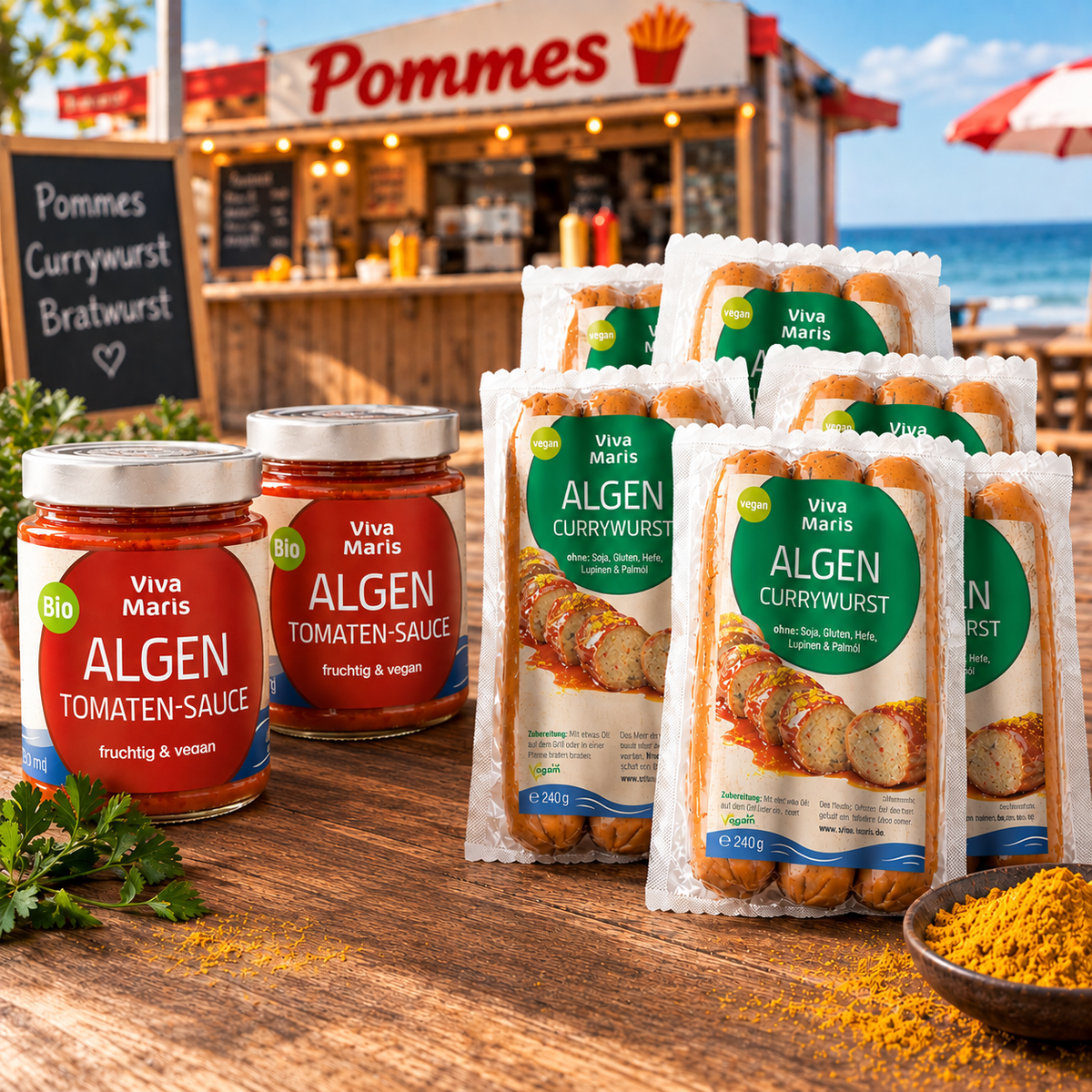 Pommes Buden Set - Viva Maris ALGEN Currywurst, 6x240g & Natural ALGEN Tomaten-Sauce, 2x300ml - SPARE 15% - Viva Maris Onlineshop